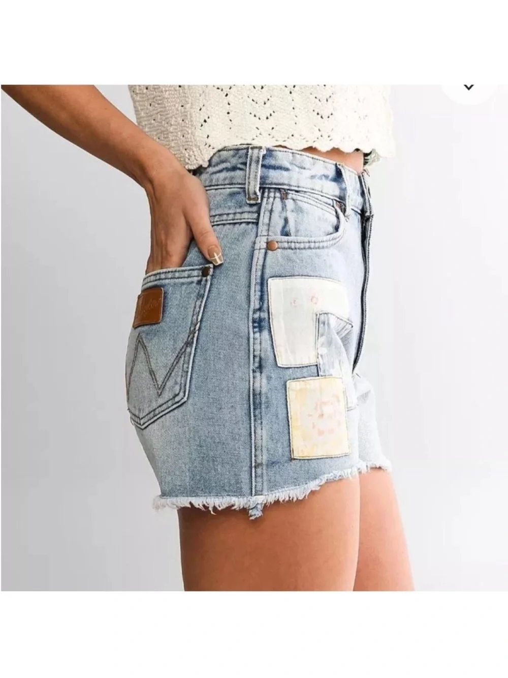 NWT Billabong X Wrangler Showdown Patchwork Cut Off Blue Denim Jean Shorts Sz 27